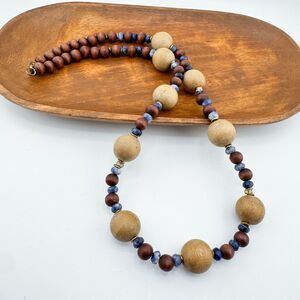 Vintage Boho Wood Bead Necklace Blue Stone Accents Long Layered Tribal Earthy
